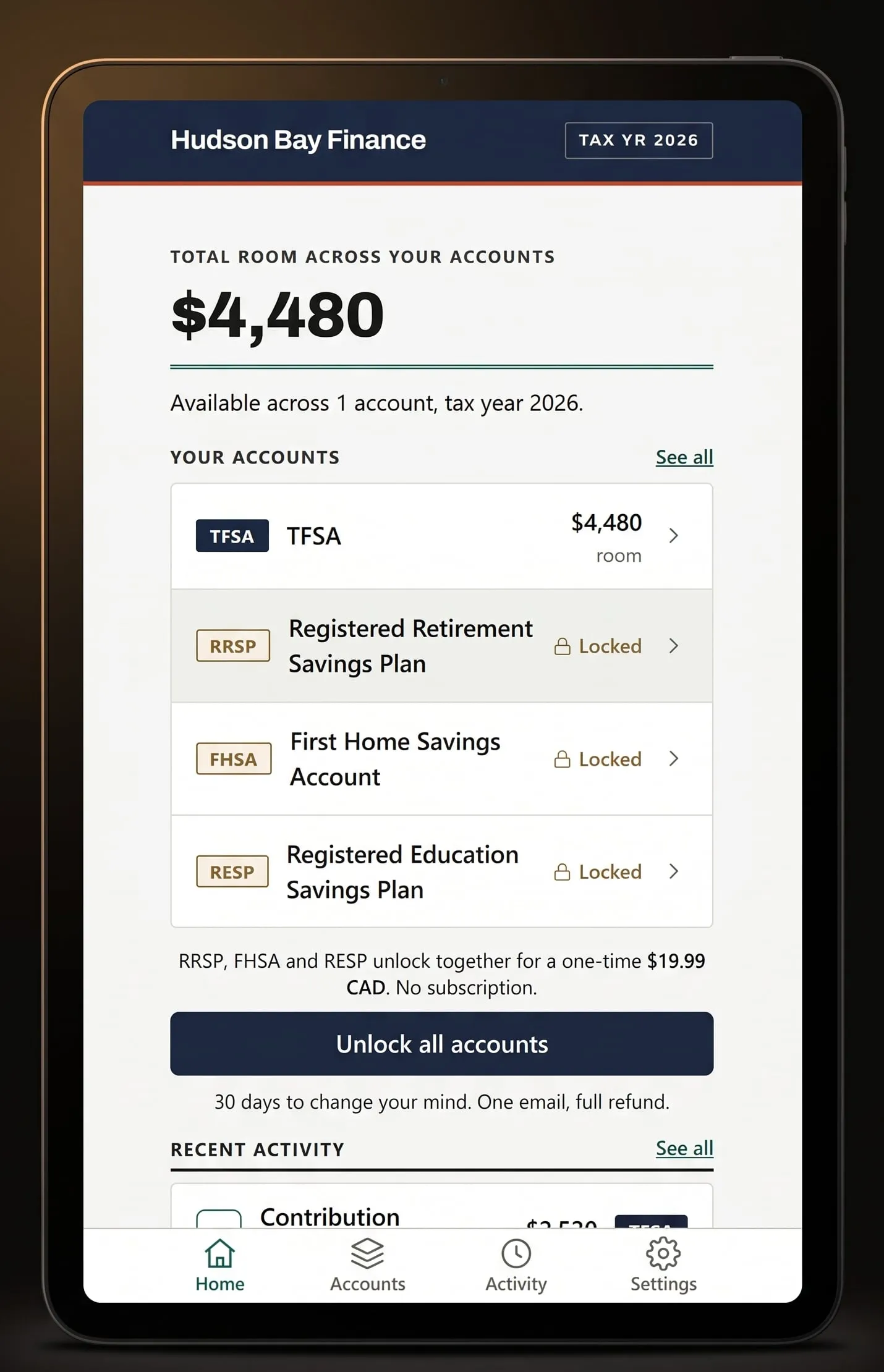 The app's home screen on a tablet: total room across your accounts of $4,480, a TFSA row with $4,480 of room, RRSP, FHSA and RESP shown as locked rows, the line 'RRSP, FHSA and RESP unlock together for a one-time $19.99 CAD. No subscription.', an 'Unlock all accounts' button, and '30 days to change your mind. One email, full refund.'
