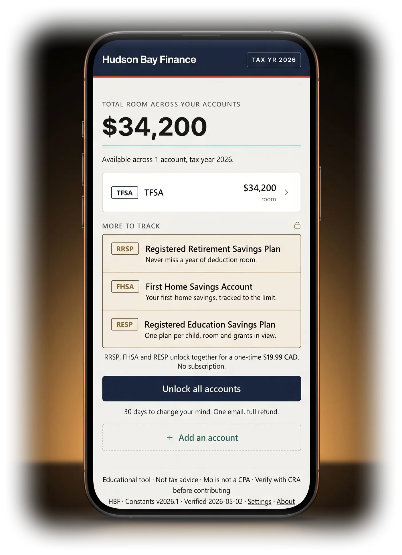 The app's accounts screen on a phone: $34,200 of total room across your accounts for 2026, the TFSA listed with $34,200 of room, and RRSP, FHSA and RESP shown locked under "More to track" above an "Unlock all accounts" button and the note that the three unlock together for a one-time $19.99 CAD.